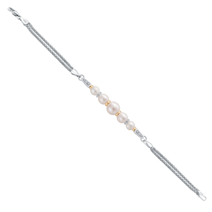 925 Sterling Silver and 10K Yellow Gold Cultured Freshwater Pearl and White Lab Grown Diamond Bracelet for Women (Round 5.5mm-7.5mm Pearls, 6.5/7/7.5 Inches, Made in Italy)