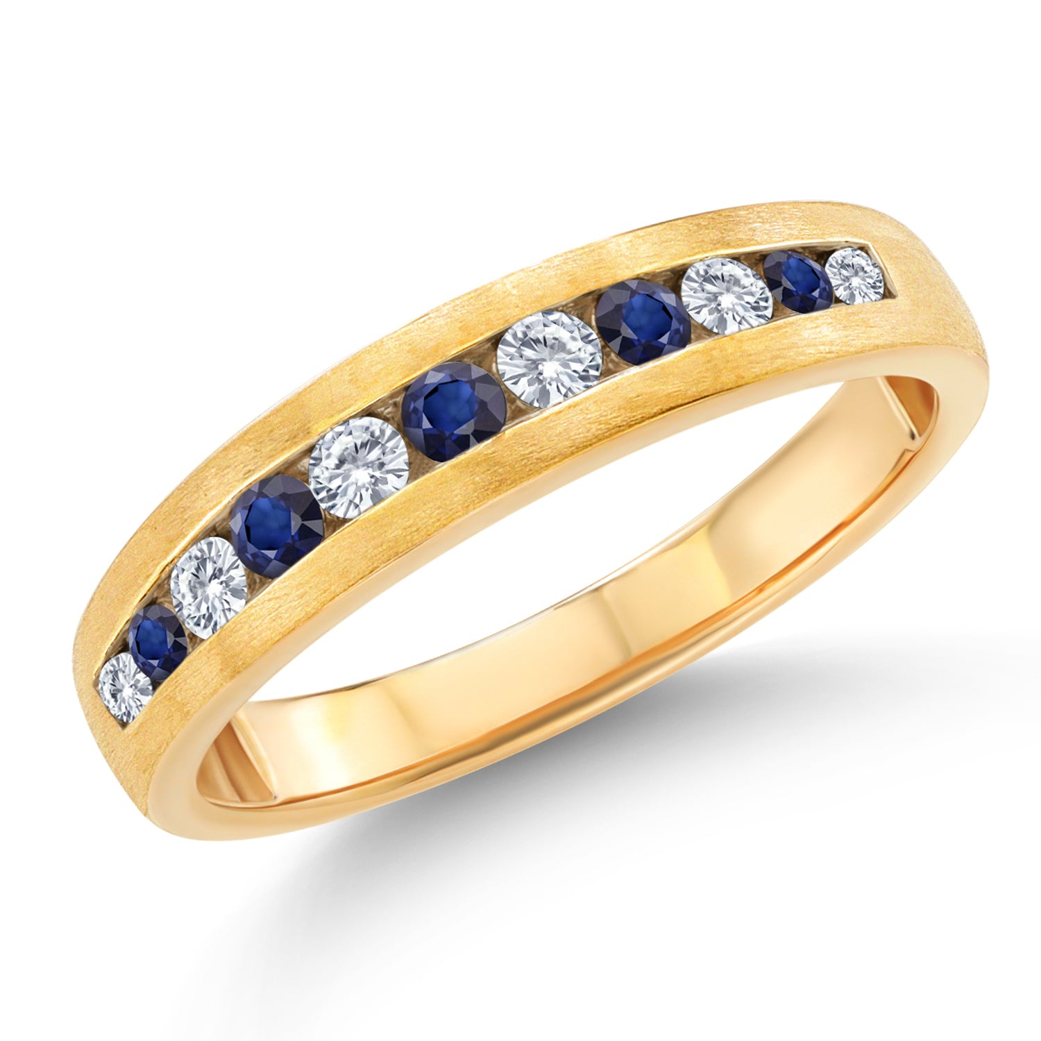 Men's 10K Yellow Gold White Lab Grown Diamond and Blue Sapphire Satin Finish Wedding Band Ring For Men | 0.63 Cttw | Available in Size 7,8,9,10,11,12,13