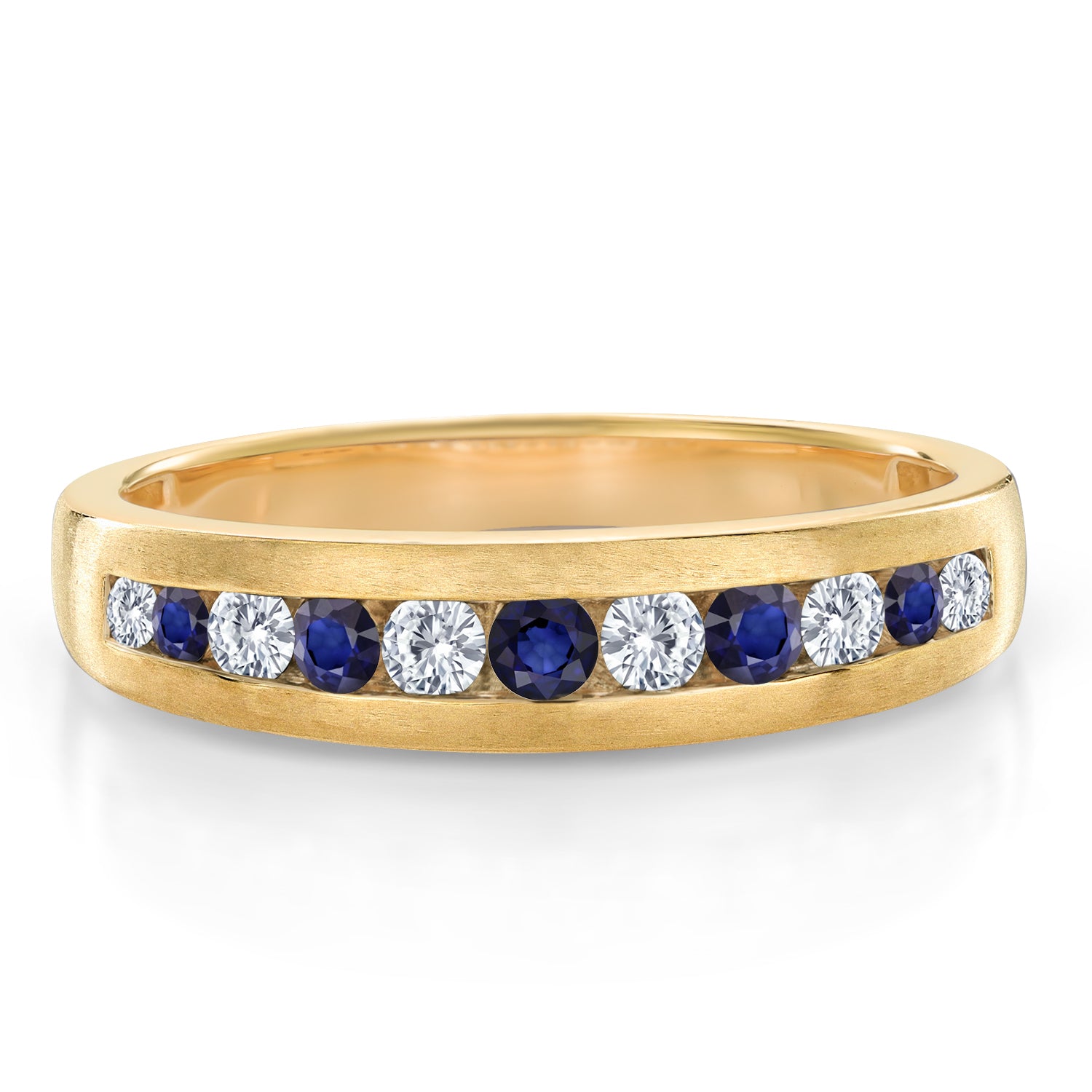 Men's 10K Yellow Gold White Lab Grown Diamond and Blue Sapphire Satin Finish Wedding Band Ring For Men | 0.63 Cttw | Available in Size 7,8,9,10,11,12,13