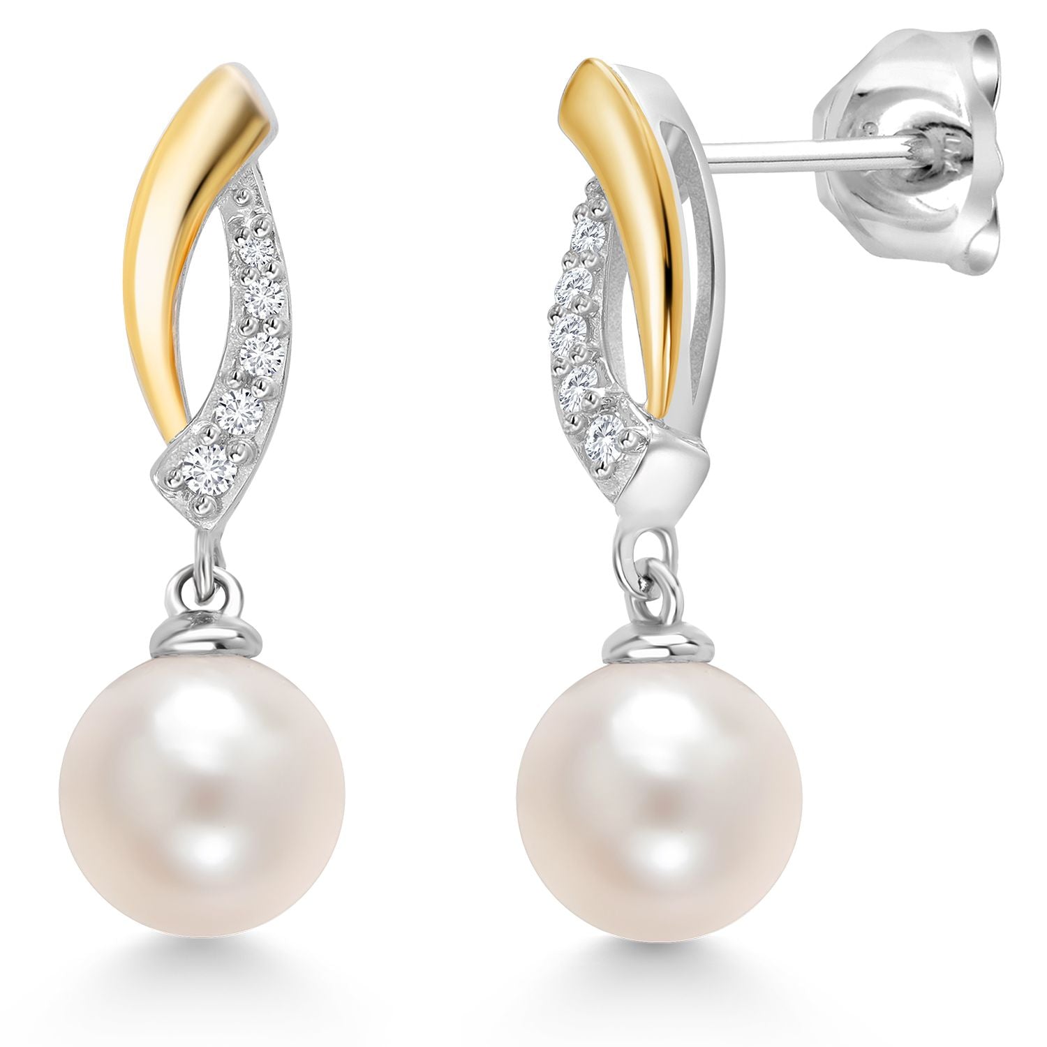 925 Sterling Silver and 10K Yellow Gold 7MM Round Cultured Freshwater Pearl and Lab Grown Diamond Dangle Earrings For Women