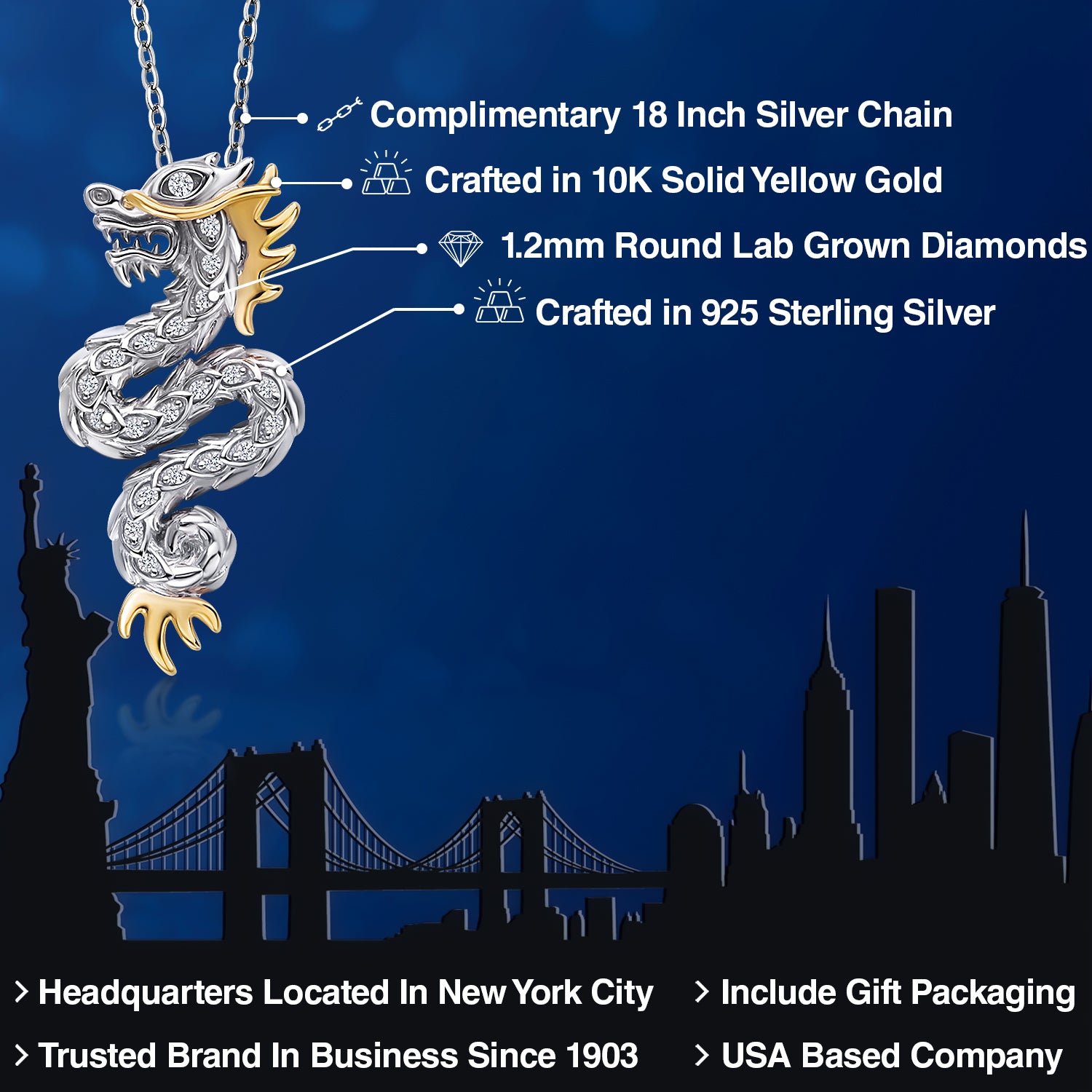 Dragon Necklace with Lab Grown Diamond In 925 Sterling Silver and 10K Gold By Keren Hanan | Dragon Pendant Symbolize Luck Strength and Success | With 18 Inch Chain