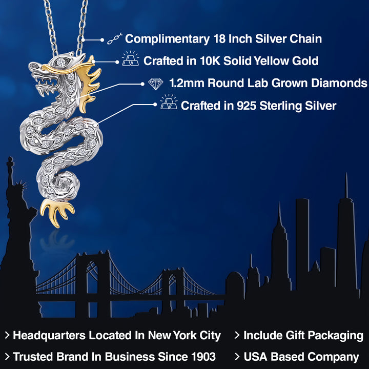 Dragon Necklace with Lab Grown Diamond In 925 Sterling Silver and 10K Gold By Keren Hanan | Dragon Pendant Symbolize Luck Strength and Success | With 18 Inch Chain