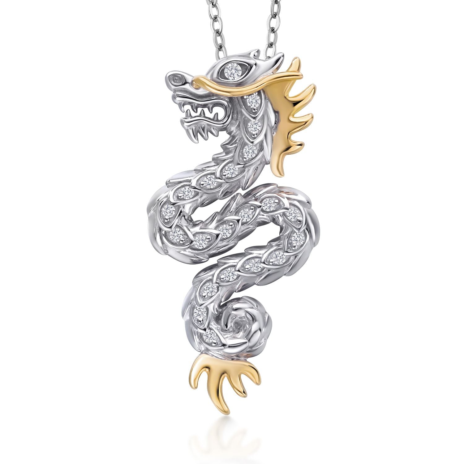 Dragon Necklace with Lab Grown Diamond In 925 Sterling Silver and 10K Gold By Keren Hanan | Dragon Pendant Symbolize Luck Strength and Success | With 18 Inch Chain