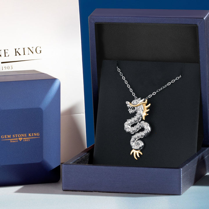 Dragon Necklace with Lab Grown Diamond In 925 Sterling Silver and 10K Gold By Keren Hanan | Dragon Pendant Symbolize Luck Strength and Success | With 18 Inch Chain