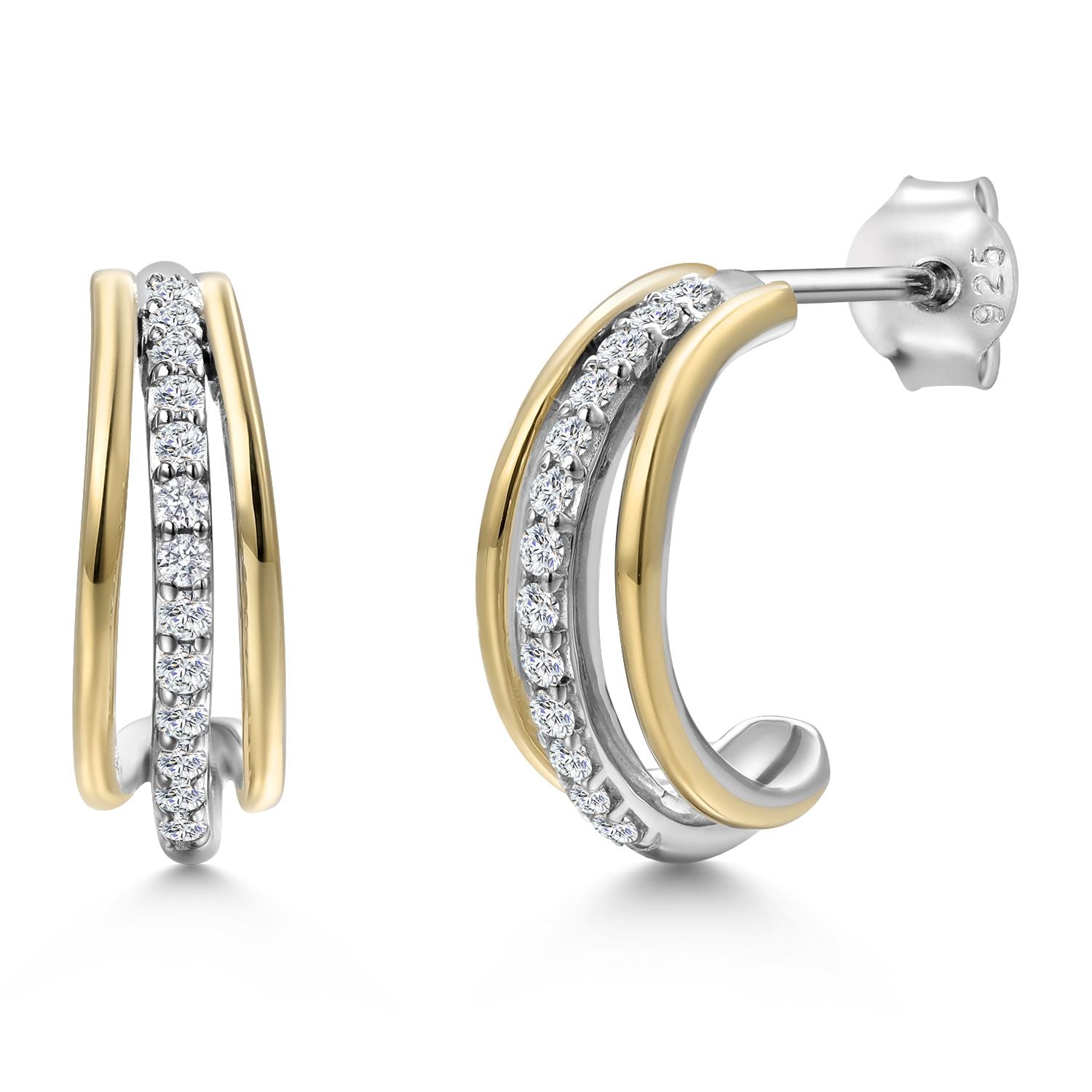 925 Silver and 10K Yellow Gold White Lab Grown Diamond Split Hoop Huggie Earrings For Women | 0.26 Cttw | Gemstone April Birthstone | 16MM = 5/8 Inch