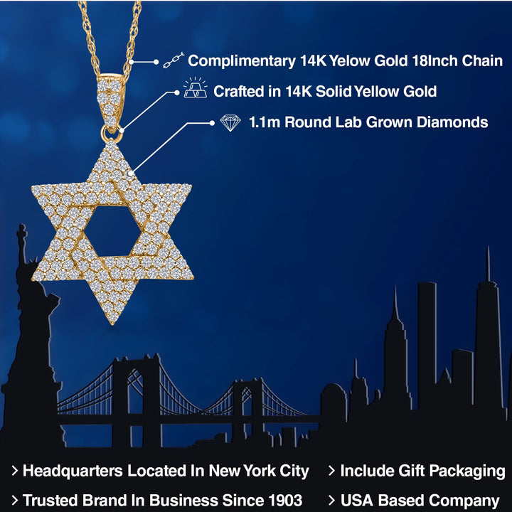 14K Yellow Gold White Lab Grown Diamond Star of David Pendant Necklace | 0.76 Cttw | G-H Color | VS2 - SI1 Clarity | Gold Necklace for Women By Keren Hanan | 18 Inches Chain