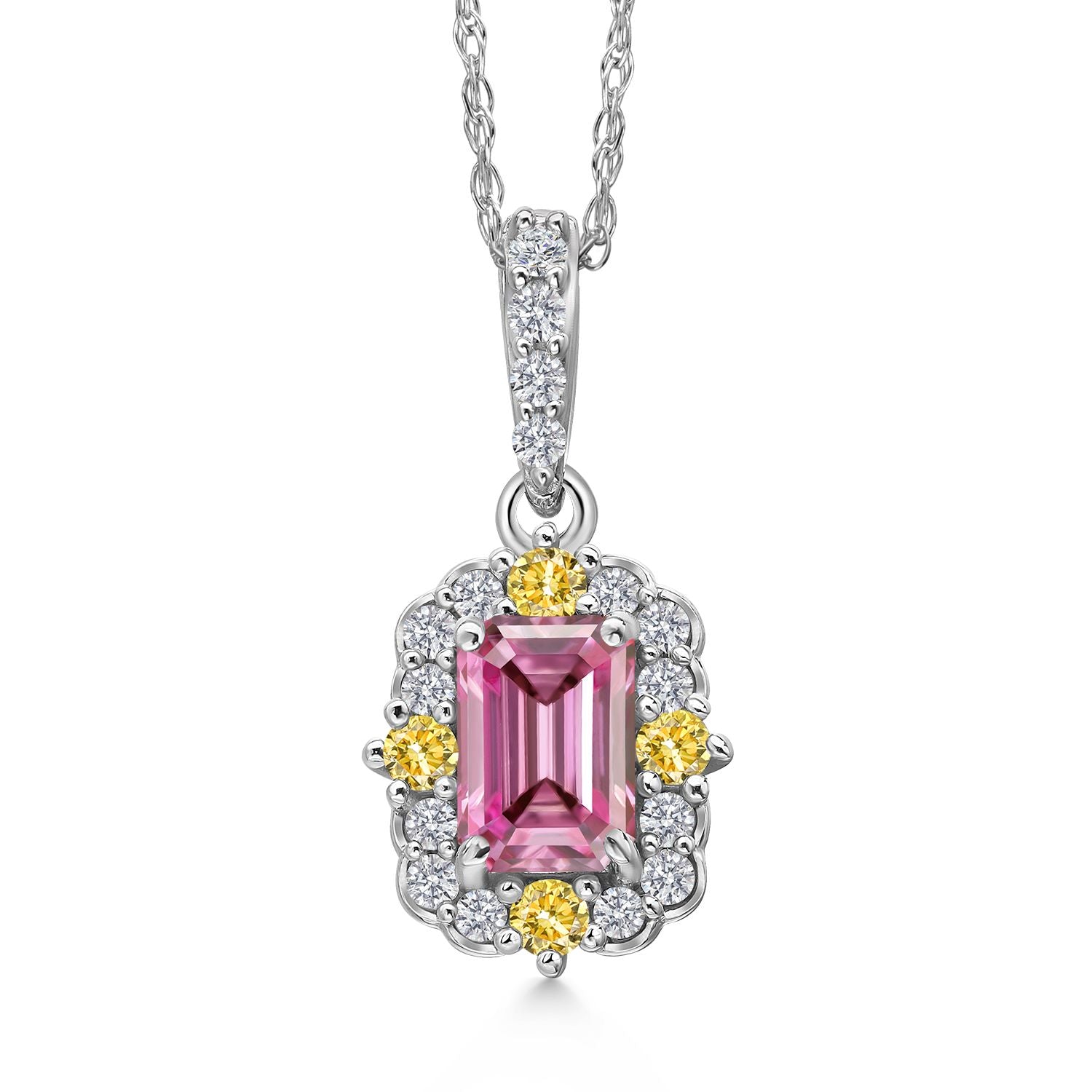 14K White Gold Pink Canary and White Lab Grown Diamond Necklace | 0.63 Cttw | Center Emerald Cut 6X4MM | Gold Pendant Necklace For Women | 18 Inch Chain | 16X8MM Pendant