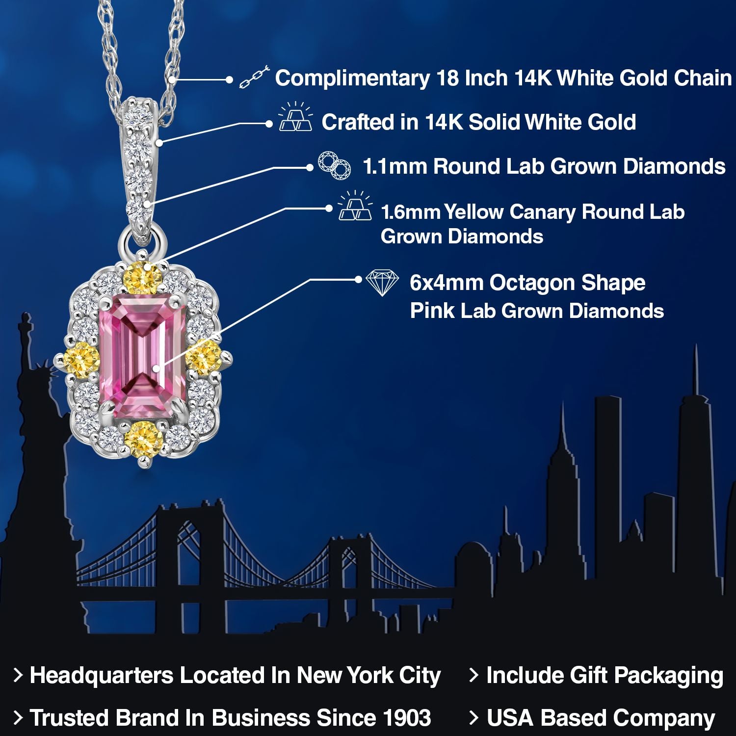 14K White Gold Pink Canary and White Lab Grown Diamond Necklace | 0.63 Cttw | Center Emerald Cut 6X4MM | Gold Pendant Necklace For Women | 18 Inch Chain | 16X8MM Pendant