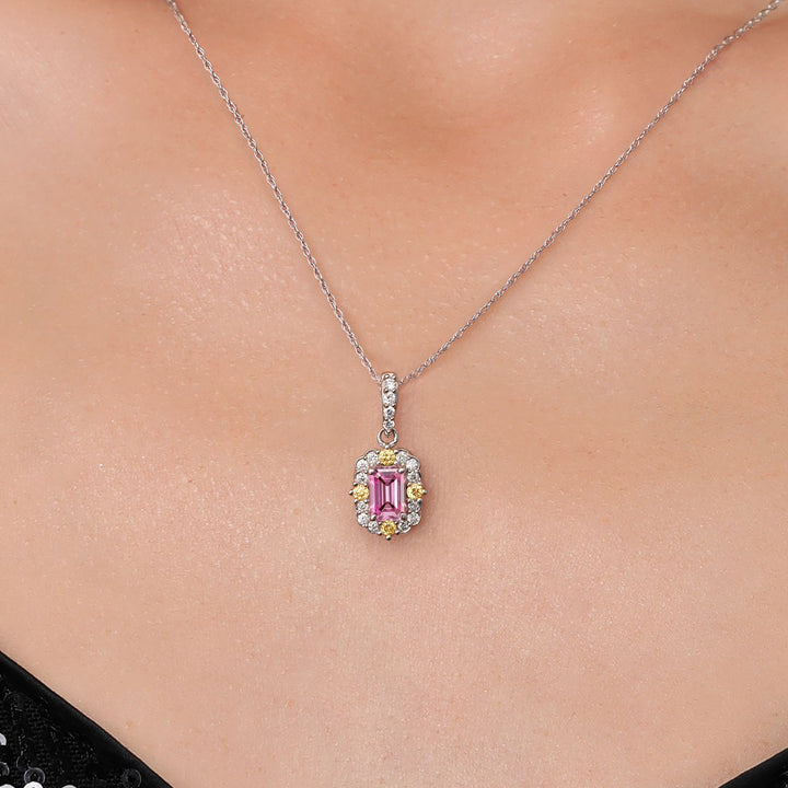 14K White Gold Pink Canary and White Lab Grown Diamond Necklace | 0.63 Cttw | Center Emerald Cut 6X4MM | Gold Pendant Necklace For Women | 18 Inch Chain | 16X8MM Pendant