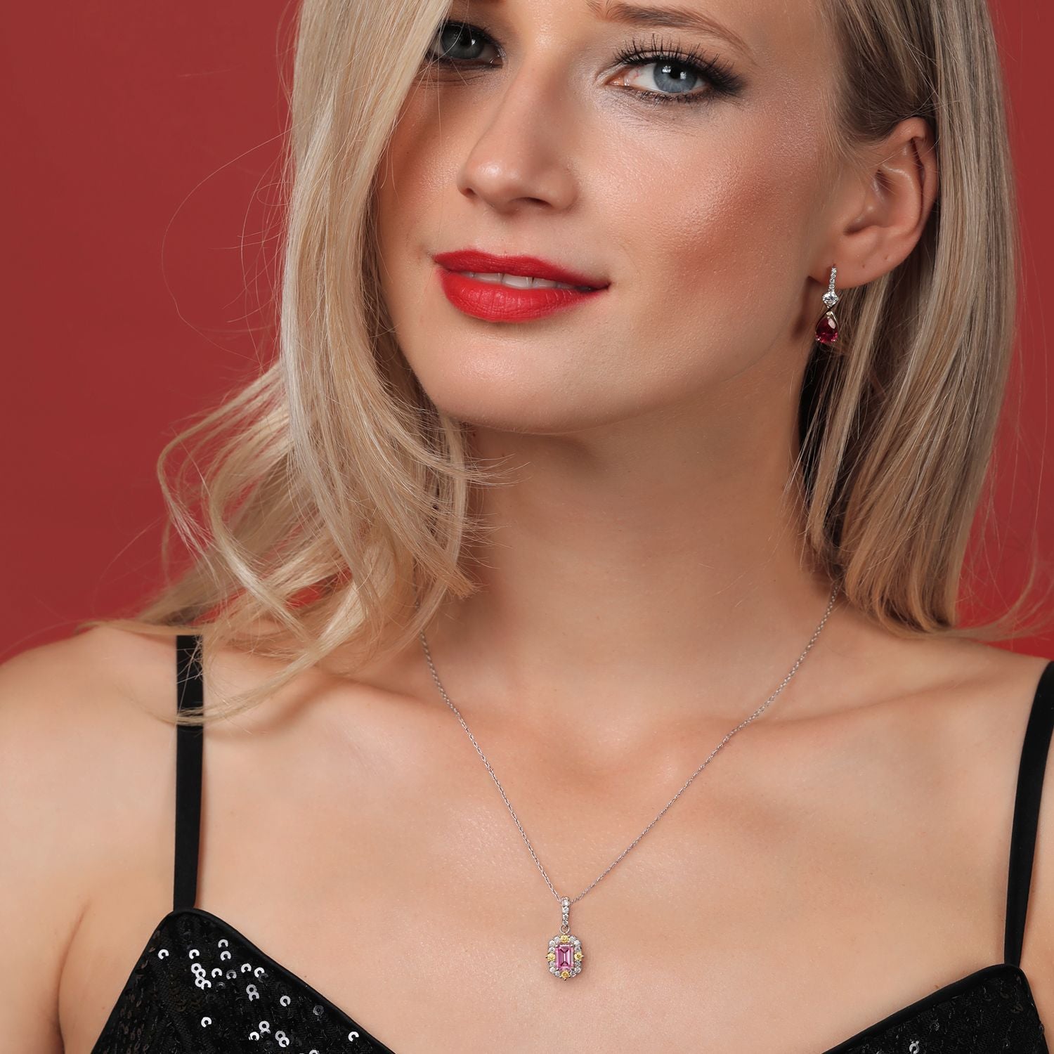 14K White Gold Pink Canary and White Lab Grown Diamond Necklace | 0.63 Cttw | Center Emerald Cut 6X4MM | Gold Pendant Necklace For Women | 18 Inch Chain | 16X8MM Pendant