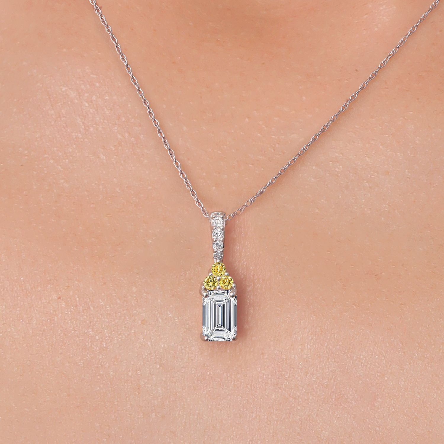 0.83 Cttw Emerald Cut 14K White Gold IGI Certified and Canary Lab Grown Diamond Pendant Necklace | 0.75 Ct Emerald Cut E-F Color | VS1-VS2 Clarity | Gold Necklace For Women | With 18 Inch Gold Chain