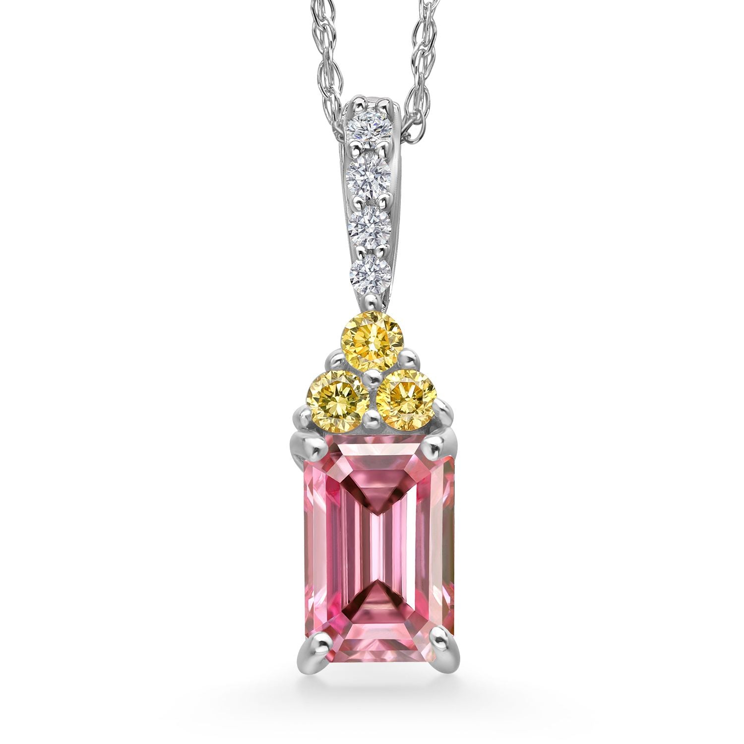 14K White Gold Pink Canary and White Lab Grown Diamond Necklace | 0.55 Cttw | Center Emerald Cut 6X4MM | Gold Pendant Necklace For Women | 18 Inch Chain | 16X5MM Pendant