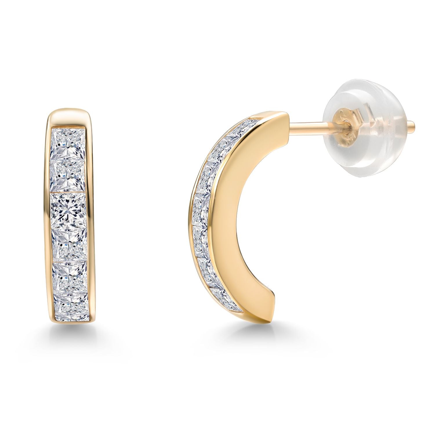 14K Yellow Gold White Lab Grown Diamond Half Hoop Eternity Earrings | 4.20 Cttw | Princess Cut | Gold Earrings For Women | 12X2.5MM