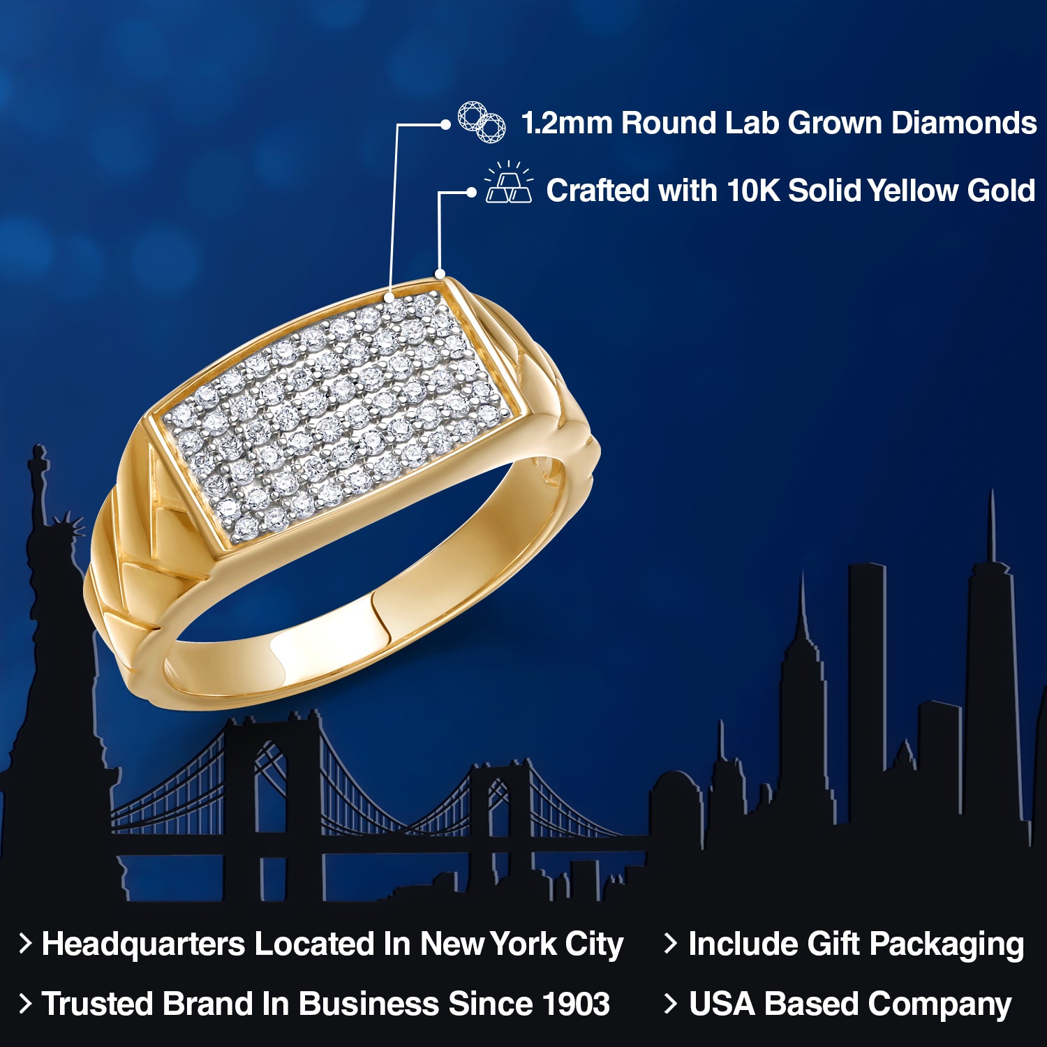 Men's 10K Yellow Gold White Lab Grown Diamond Ring | 0.46 Cttw | Gold Ring for Men | Available in Size 5,6,7,8,9,10,11,12,13