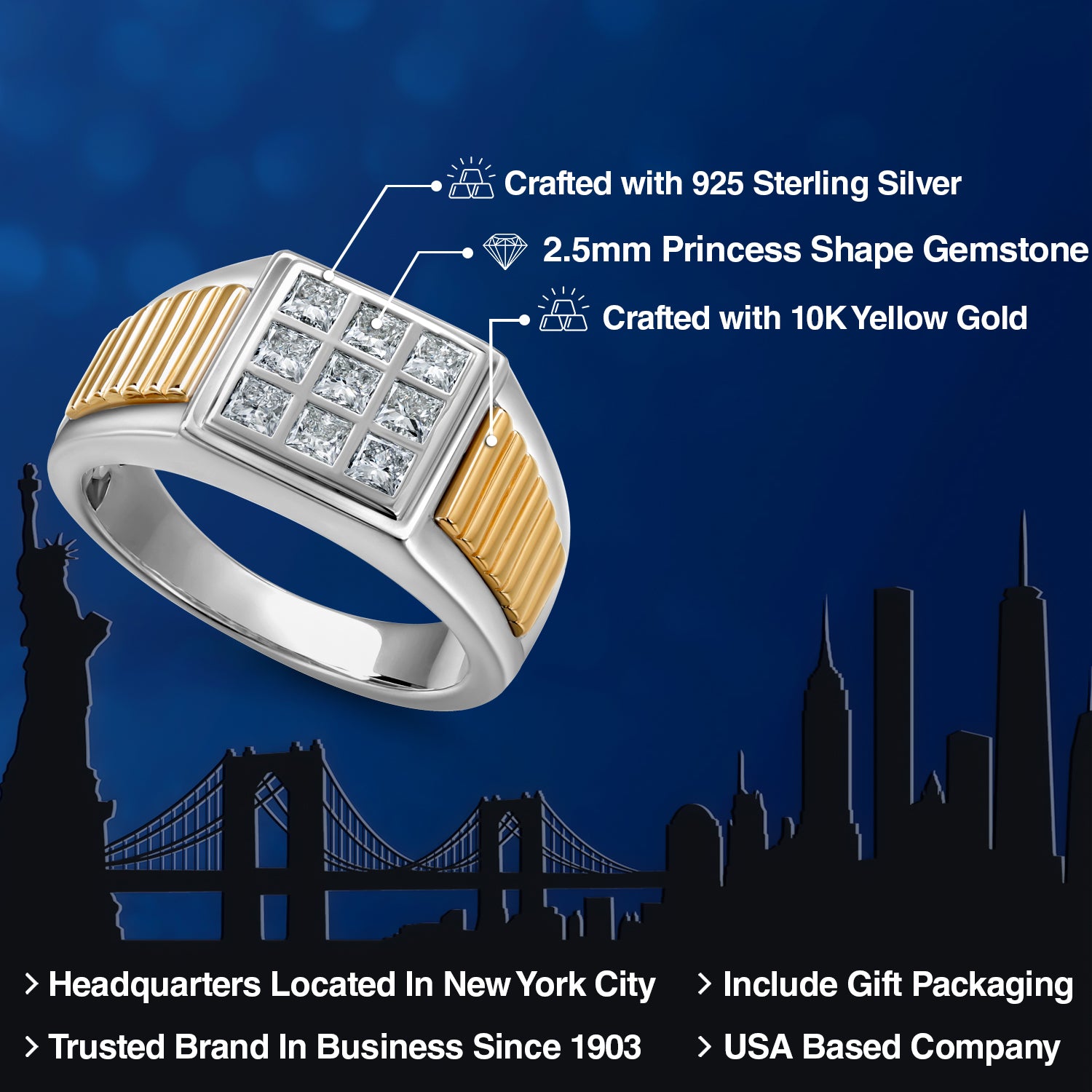 Men's  925 Silver and 10K Yellow Gold White Lab Grown Diamond Ring | 0.60 Cttw | Gold Ring for Men | Available in Size 7 to 13