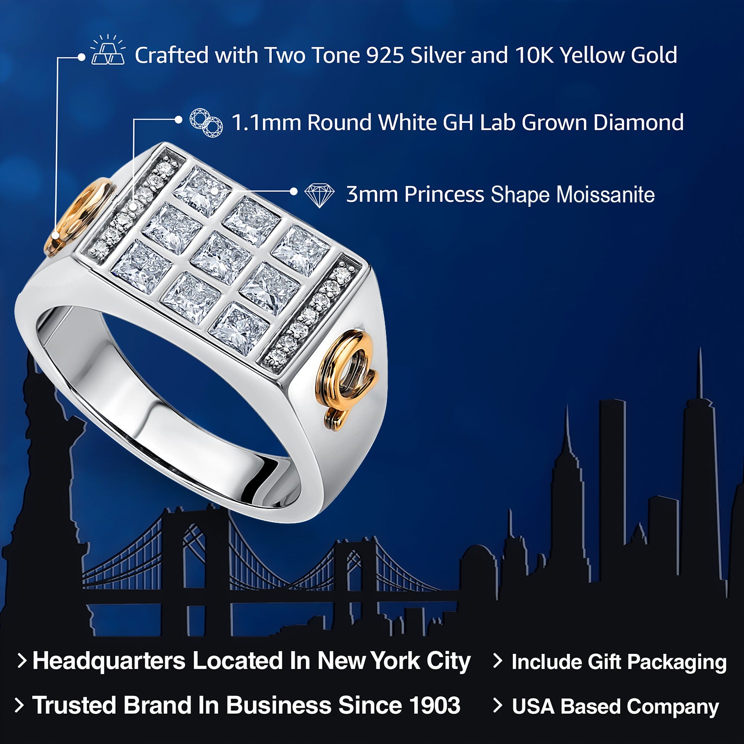 1.27 Cttw Men's 10K Yellow Gold and 925 Sterling Silver 3MM Princess Cut White Moissanite and White Lab Grown Diamonds Ring For Men | Available In Sizes 7 to 13