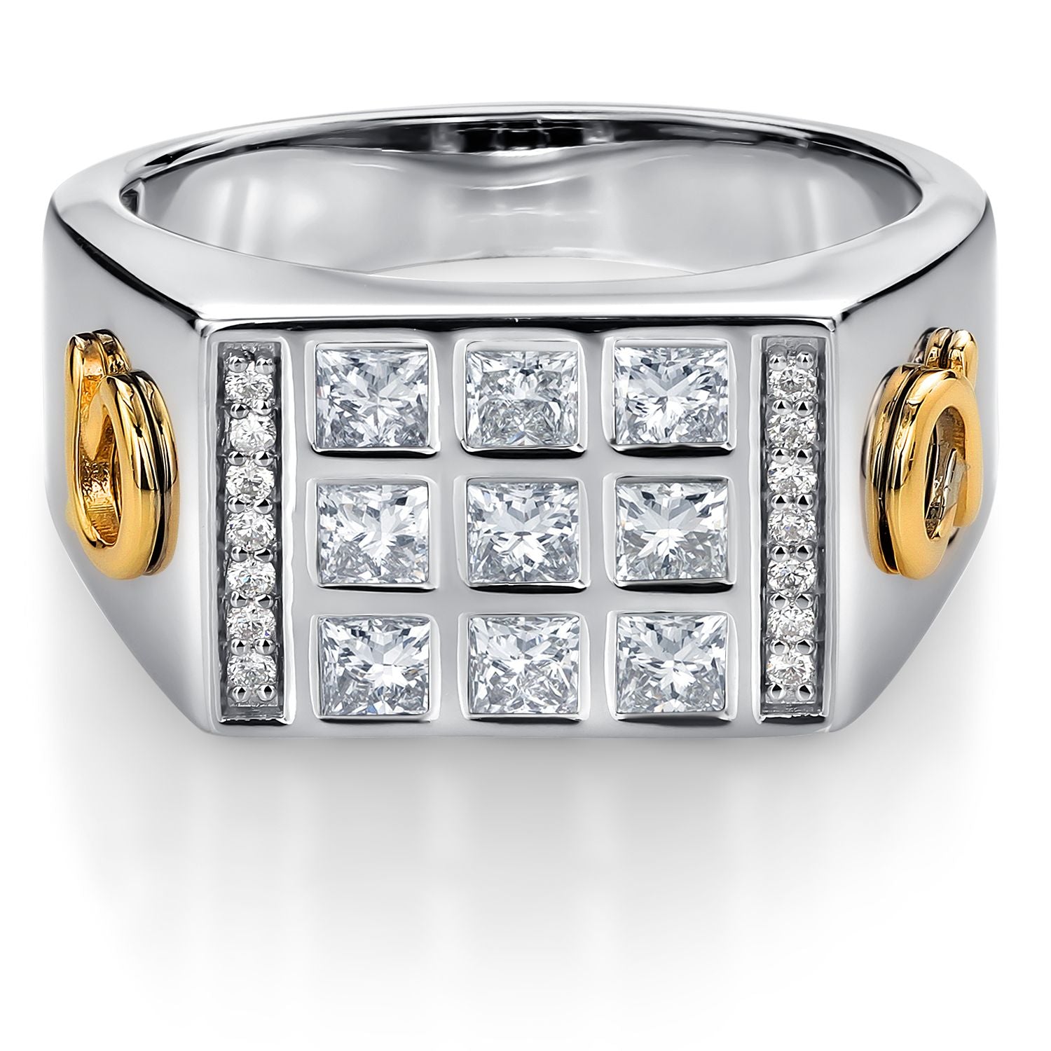 1.27 Cttw Men's 10K Yellow Gold and 925 Sterling Silver 3MM Princess Cut White Moissanite and White Lab Grown Diamonds Ring For Men | Available In Sizes 7 to 13