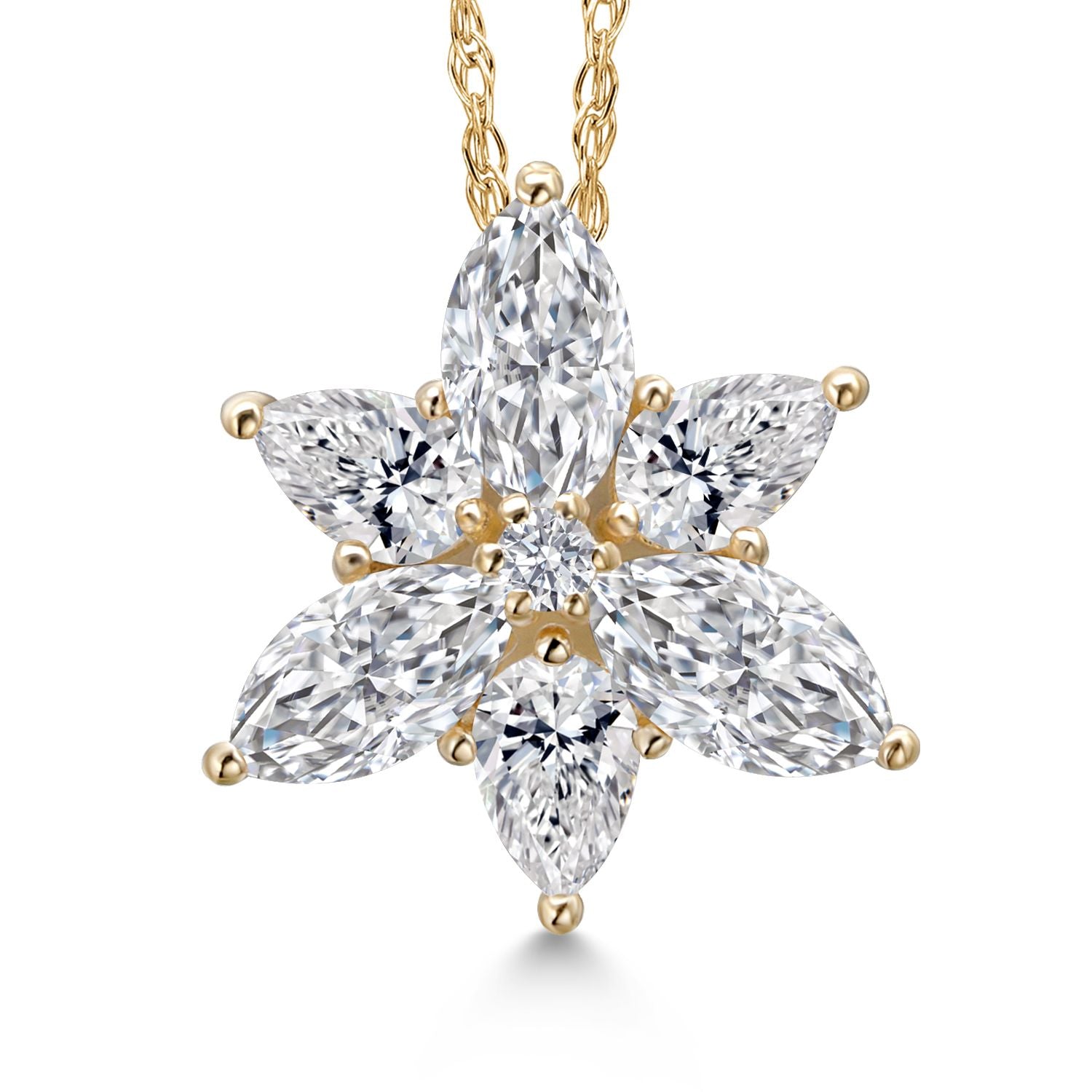 1.05 Cttw 10K Yellow Gold Lab Grown Diamond Star Pendant Necklace | Marquise 6X3MM | Pear Shape 4X3MM | Round 1.7MM | DEF Color | VVS-VS Clarity | Flower Necklace | 18 Inch Chain