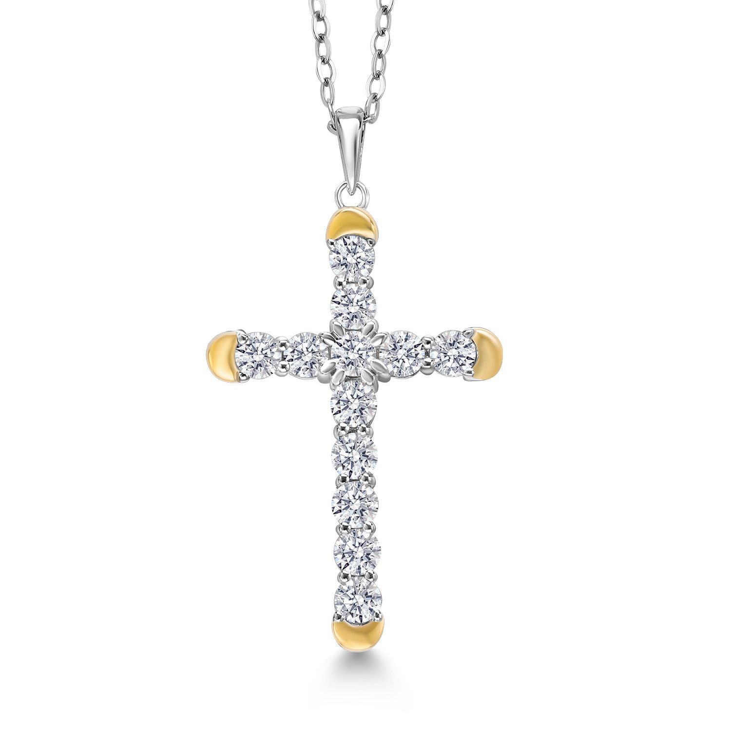 1.20 Cttw Lab Grown Diamond Religious Cross Pendant Necklaces for Women | 925 Silver and 10K Yellow Gold | F-G Color | VVS-VS Clarity | 30X19MM | With 18 Inch Chain