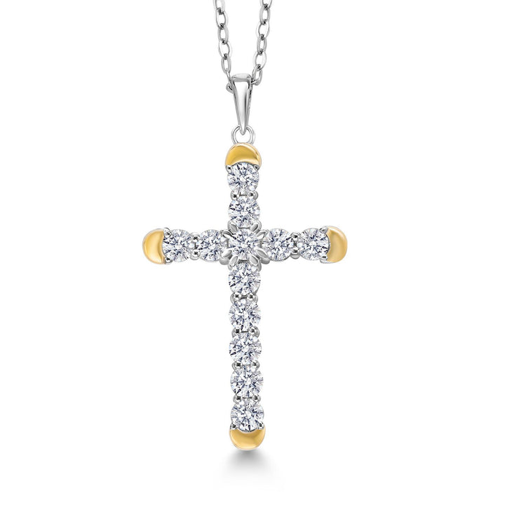 1.20 Cttw Lab Grown Diamond Religious Cross Pendant Necklaces for Women | 925 Silver and 10K Yellow Gold | F-G Color | VVS-VS Clarity | 30X19MM | With 18 Inch Chain