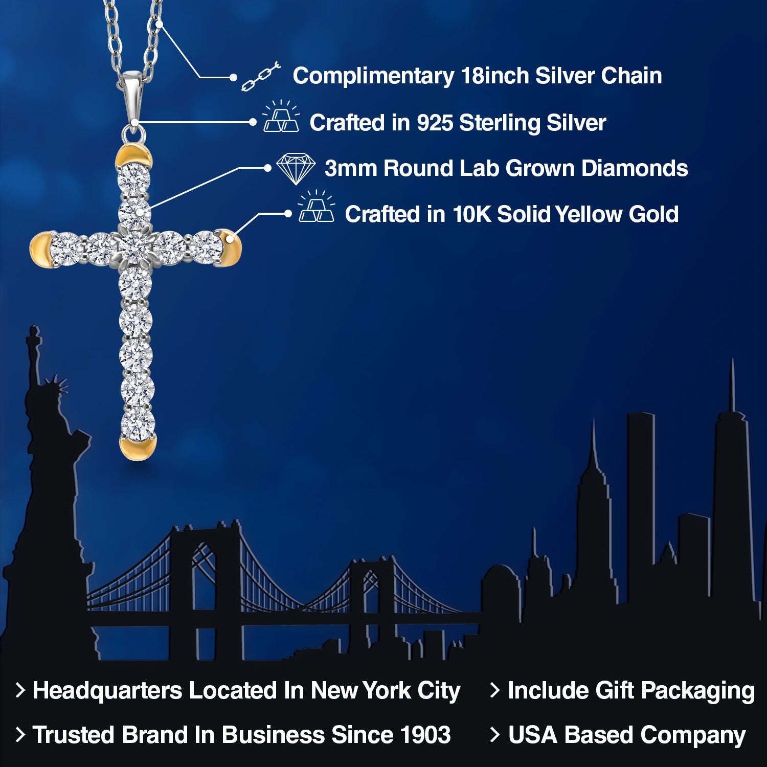 1.20 Cttw Lab Grown Diamond Religious Cross Pendant Necklaces for Women | 925 Silver and 10K Yellow Gold | F-G Color | VVS-VS Clarity | 30X19MM | With 18 Inch Chain