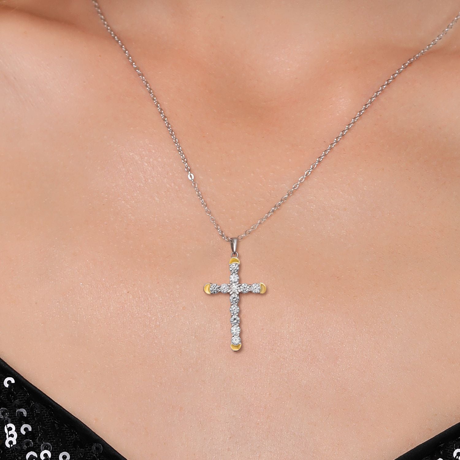 1.20 Cttw Lab Grown Diamond Religious Cross Pendant Necklaces for Women | 925 Silver and 10K Yellow Gold | F-G Color | VVS-VS Clarity | 30X19MM | With 18 Inch Chain