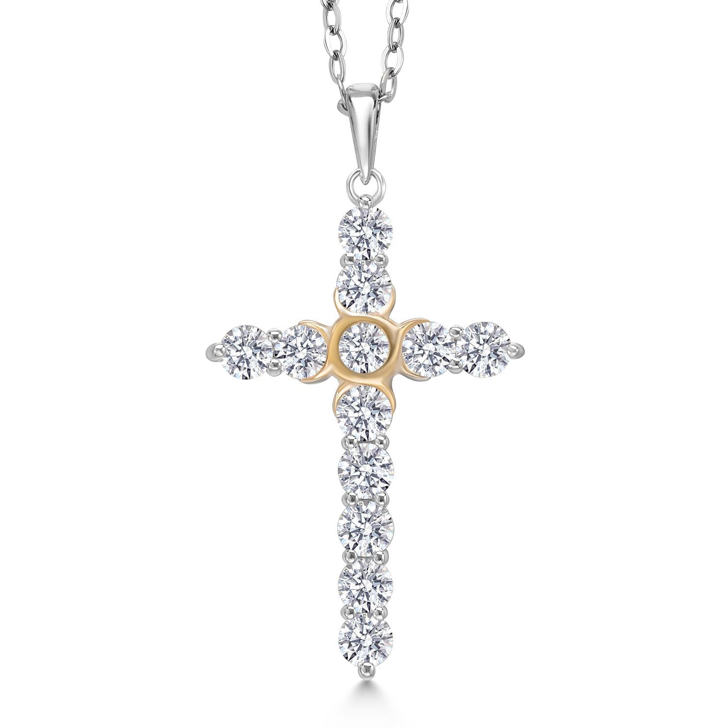 1.20 Cttw Lab Grown Diamond Religious Cross Pendant Necklaces for Women | 925 Silver and 10K Yellow Gold | F-G Color | VVS-VS Clarity | Round 3MM | With 18 Inch Chain