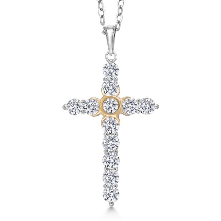 1.20 Cttw Lab Grown Diamond Religious Cross Pendant Necklaces for Women | 925 Silver and 10K Yellow Gold | F-G Color | VVS-VS Clarity | Round 3MM | With 18 Inch Chain