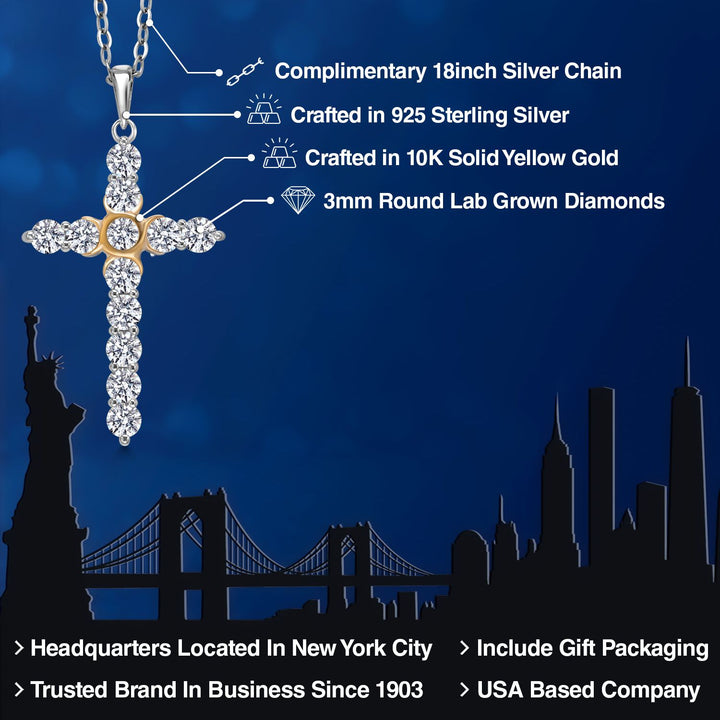 1.20 Cttw Lab Grown Diamond Religious Cross Pendant Necklaces for Women | 925 Silver and 10K Yellow Gold | F-G Color | VVS-VS Clarity | Round 3MM | With 18 Inch Chain