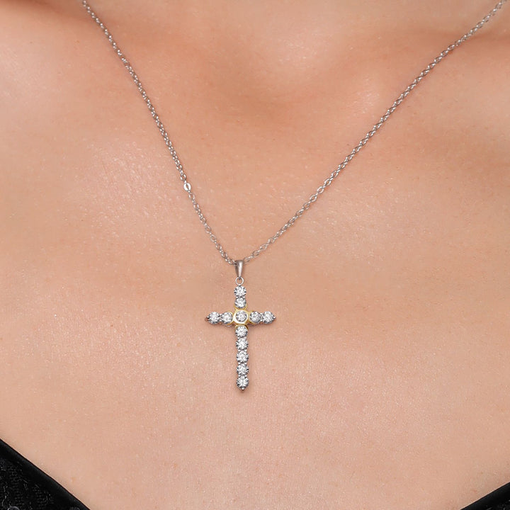 1.20 Cttw Lab Grown Diamond Religious Cross Pendant Necklaces for Women | 925 Silver and 10K Yellow Gold | F-G Color | VVS-VS Clarity | Round 3MM | With 18 Inch Chain