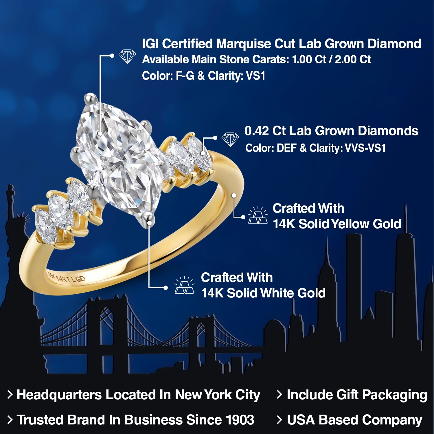 1 to 2 Carat 14K Two Tone Gold IGI Certified Marquise Cut White Lab Grown Diamond Engagement Ring For Women | F-G Color | VS1 Clarity | Available in Size 5, 6, 7, 8, 9