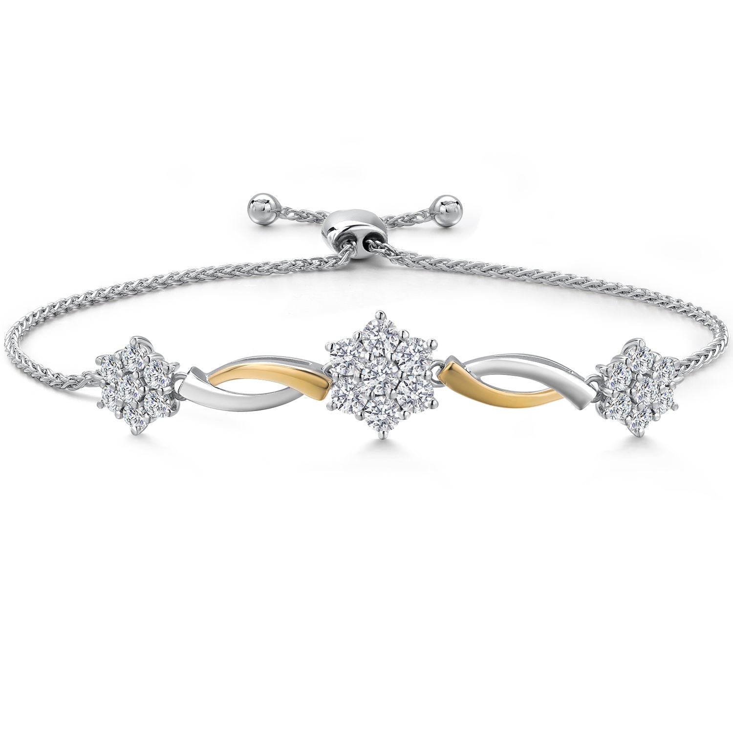 925 Silver and 10K Yellow Gold Flower Design Lab Grown Diamond Bracelet For Women | 1.70 Cttw | Gemstone April Birthstone | Fully Adjustable 9 Inch