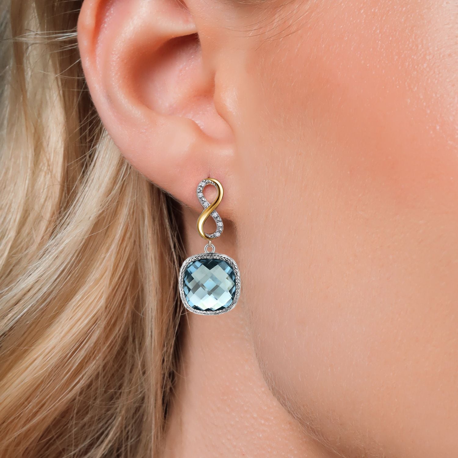 925 Sterling Silver Sky Blue Simulated Aquamarine and White Lab Grown Diamond Earrings for Women | 12.06 Cttw | Gemstone March Birthstone | Cushion 12MM