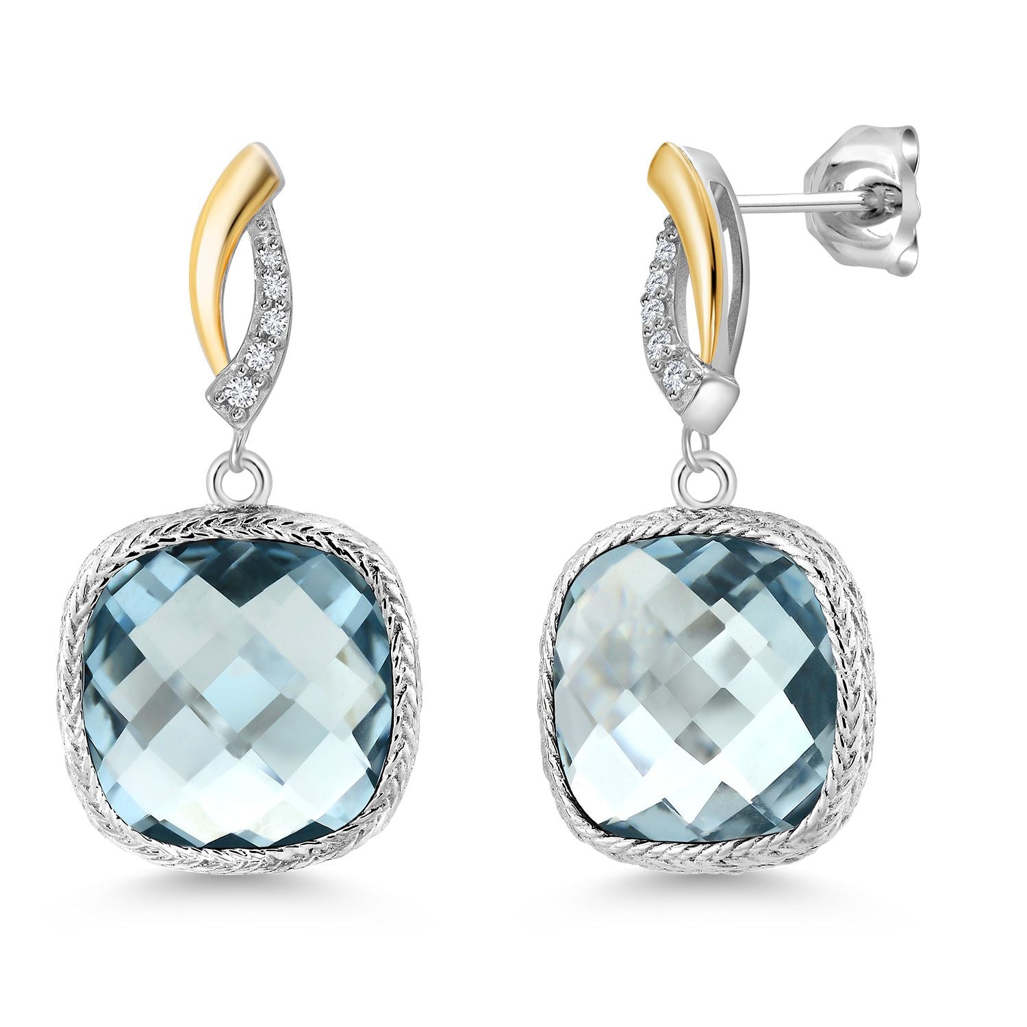 925 Sterling Silver Sky Blue Simulated Aquamarine and White Lab Grown Diamond Earrings for Women | 12.07 Cttw | Gemstone March Birthstone | Cushion 12MM