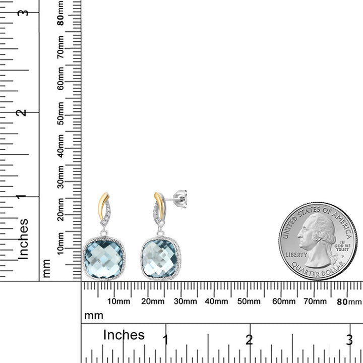 925 Sterling Silver Sky Blue Simulated Aquamarine and White Lab Grown Diamond Earrings for Women | 12.07 Cttw | Gemstone March Birthstone | Cushion 12MM