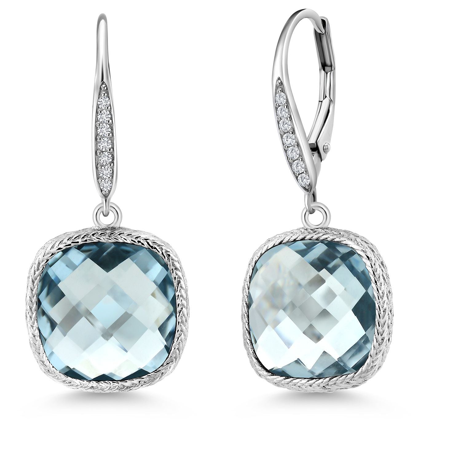 925 Sterling Silver Sky Blue Simulated Aquamarine and White Lab Grown Diamond Earrings for Women | 12.10 Cttw | Gemstone March Birthstone | Cushion 12MM