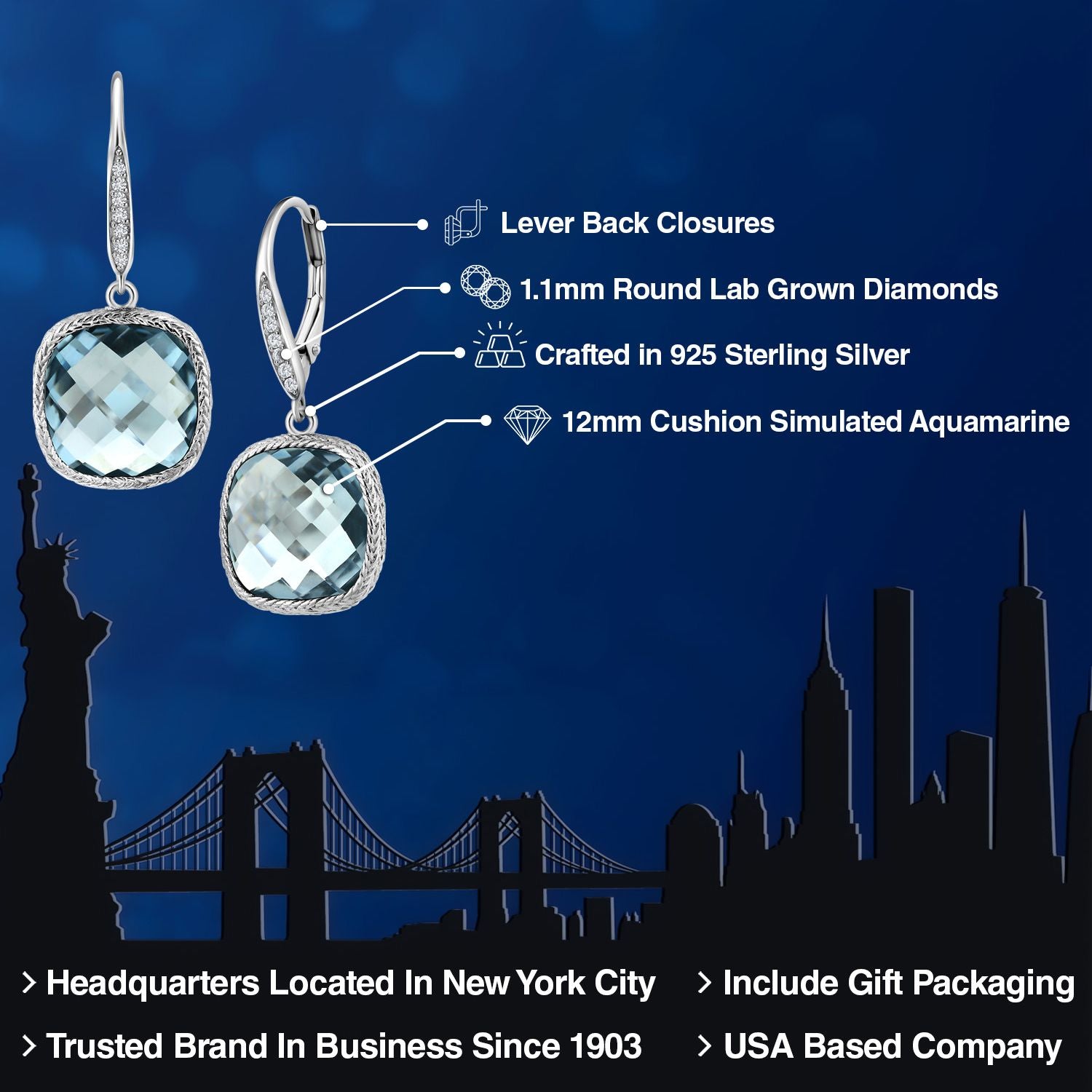 925 Sterling Silver Sky Blue Simulated Aquamarine and White Lab Grown Diamond Earrings for Women | 12.10 Cttw | Gemstone March Birthstone | Cushion 12MM