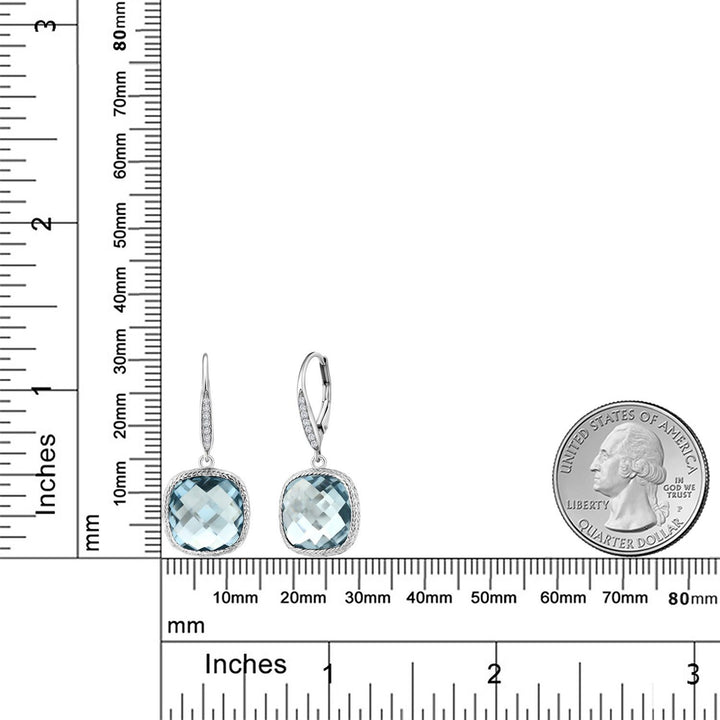 925 Sterling Silver Sky Blue Simulated Aquamarine and White Lab Grown Diamond Earrings for Women | 12.10 Cttw | Gemstone March Birthstone | Cushion 12MM