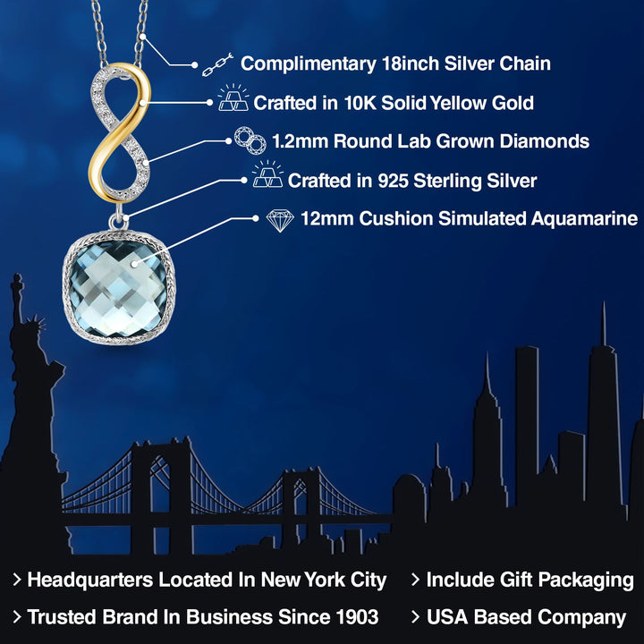 925 Sterling Silver Sky Blue Simulated Aquamarine and White Lab Grown Diamond Pendant Necklace for Women | 6.08 Cttw | Gemstone March Birthstone | Cushion 12MM | With 18 Inch Chain