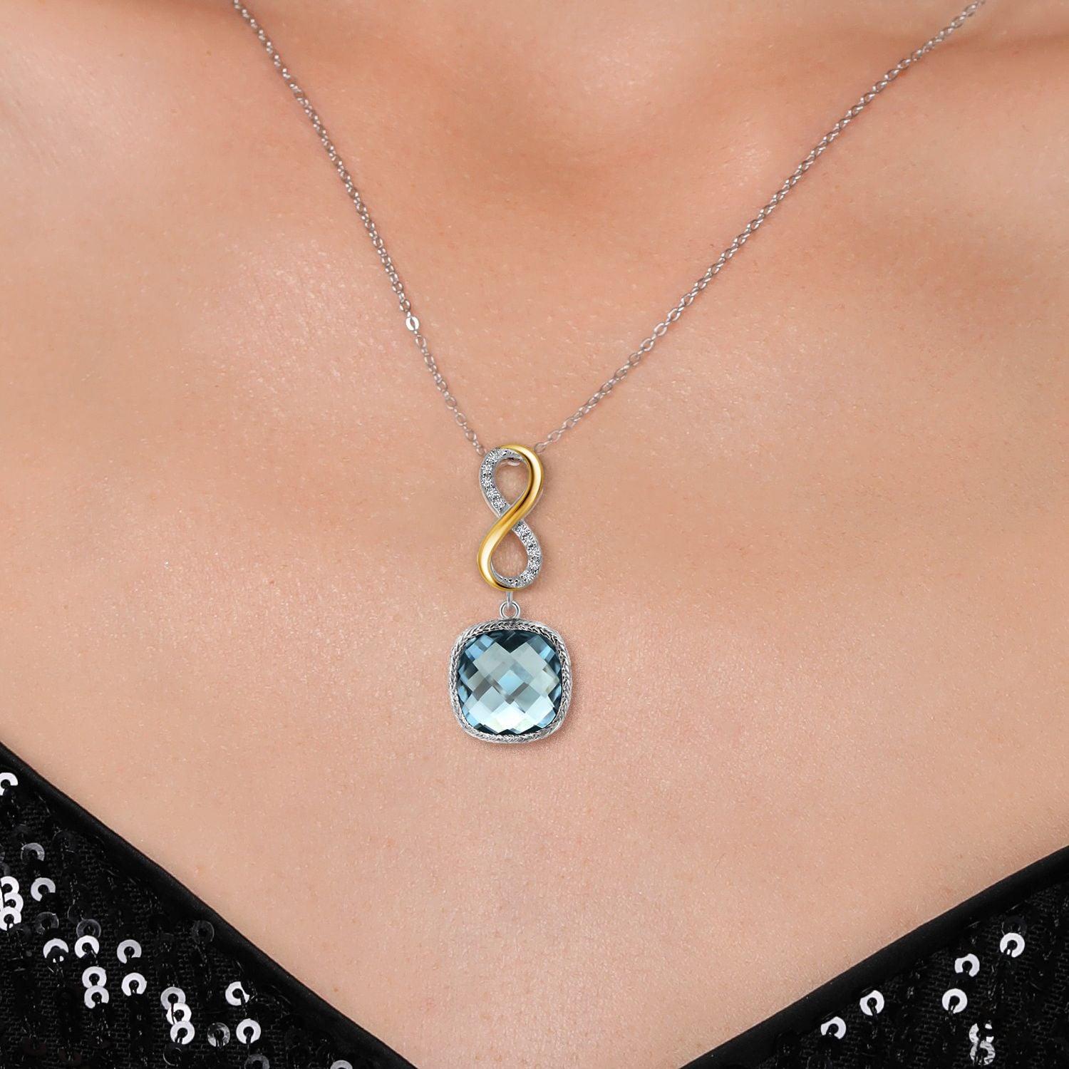 925 Sterling Silver Sky Blue Simulated Aquamarine and White Lab Grown Diamond Pendant Necklace for Women | 6.08 Cttw | Gemstone March Birthstone | Cushion 12MM | With 18 Inch Chain