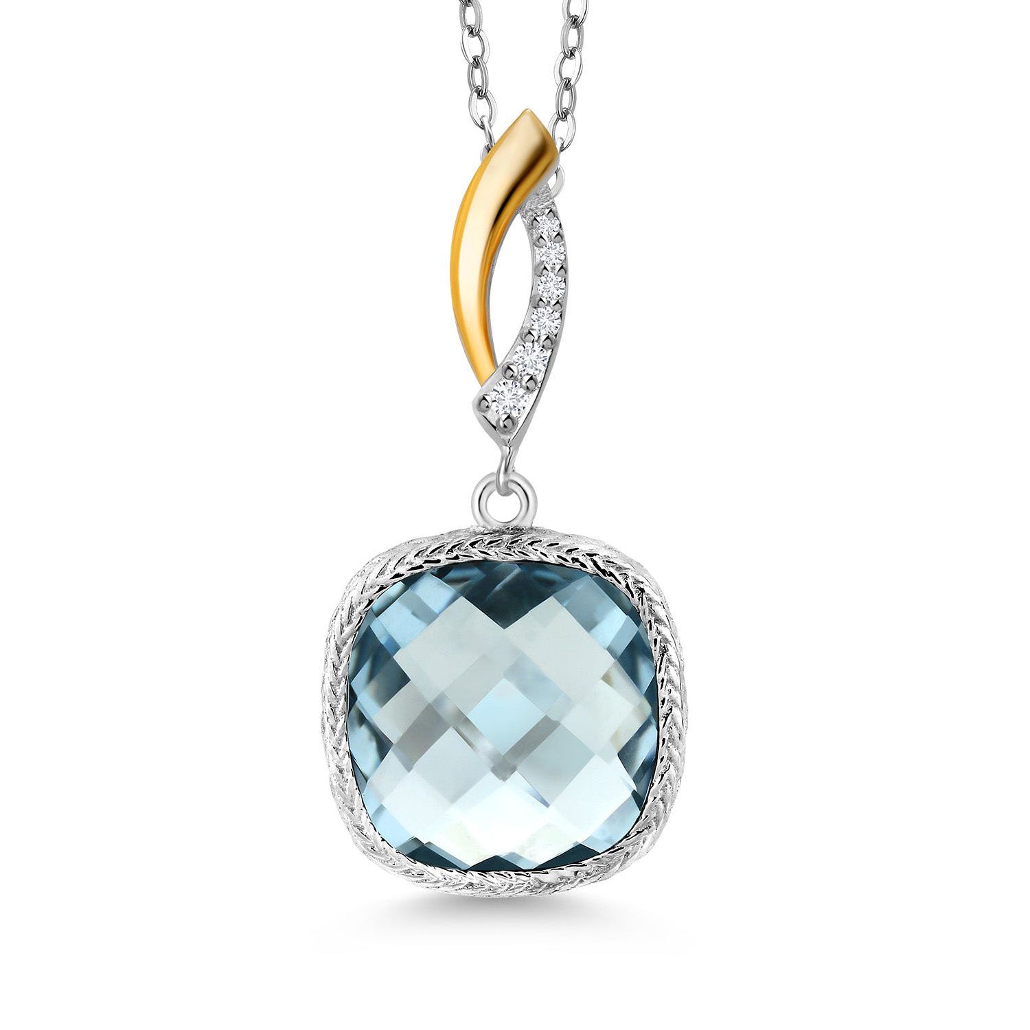 925 Sterling Silver Sky Blue Simulated Aquamarine and White Lab Grown Diamond Pendant Necklace for Women | 6.05 Cttw | Gemstone March Birthstone | Cushion 12MM | With 18 Inch Chain