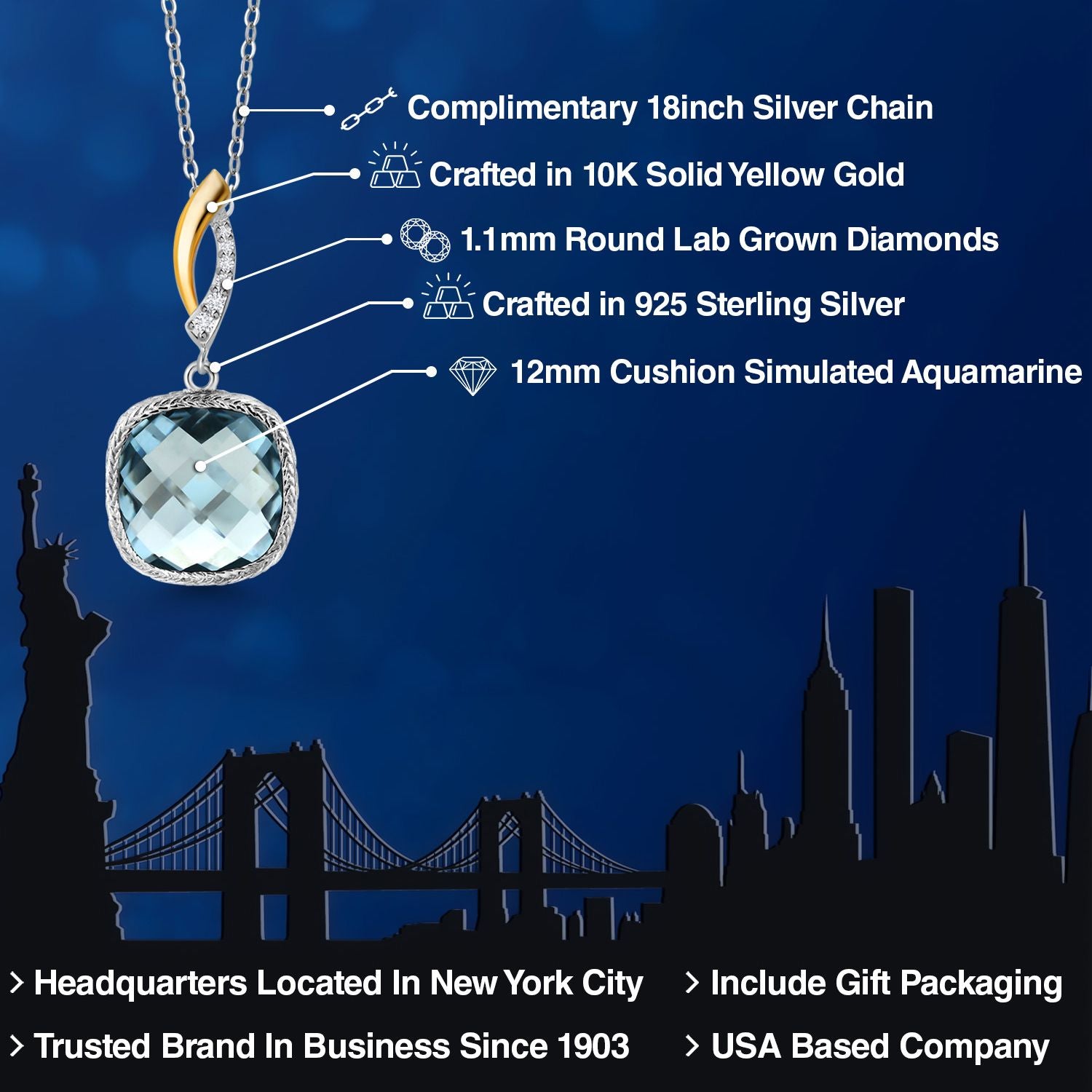 925 Sterling Silver Sky Blue Simulated Aquamarine and White Lab Grown Diamond Pendant Necklace for Women | 6.05 Cttw | Gemstone March Birthstone | Cushion 12MM | With 18 Inch Chain