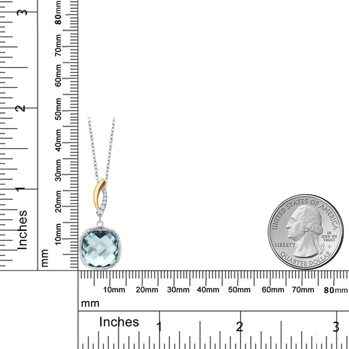 925 Sterling Silver Sky Blue Simulated Aquamarine and White Lab Grown Diamond Pendant Necklace for Women | 6.05 Cttw | Gemstone March Birthstone | Cushion 12MM | With 18 Inch Chain