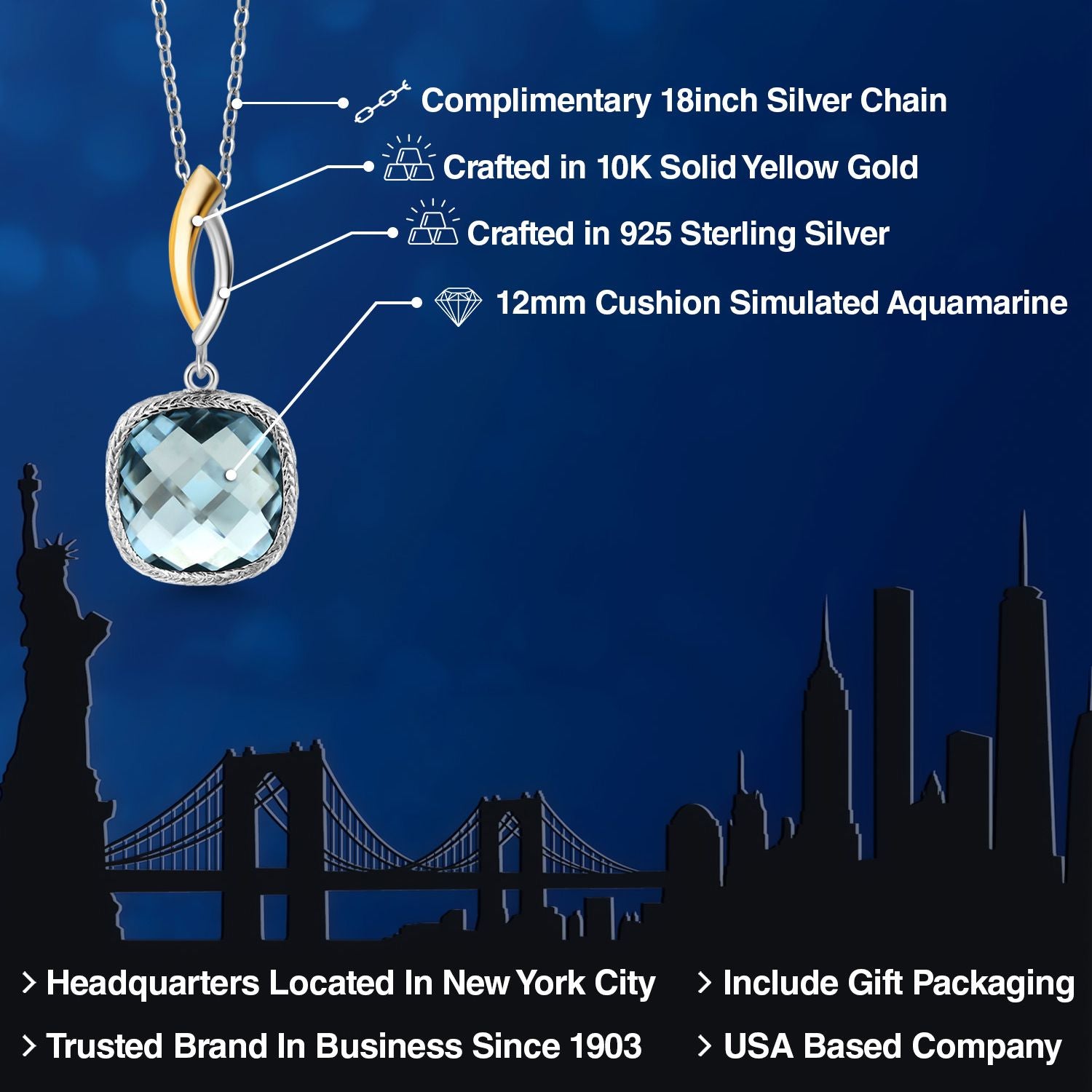 925 Sterling Silver Sky Blue Simulated Aquamarine Pendant Necklace for Women | 6.00 Cttw | Gemstone March Birthstone | Cushion 12MM | With 18 Inch Chain