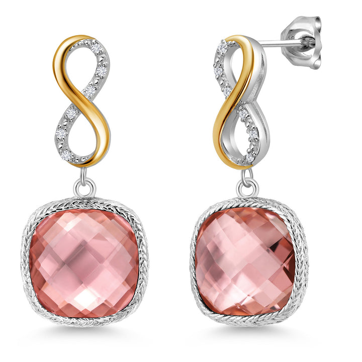 925 Sterling Silver Peach Nano Morganite and White Lab Grown Diamond Earrings for Women | 15.10 Cttw | Gemstone October Birthstone | Cushion 12MM