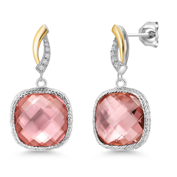 925 Sterling Silver Peach Nano Morganite and White Lab Grown Diamond Earrings for Women | 15.11 Cttw | Gemstone October Birthstone | Cushion 12MM