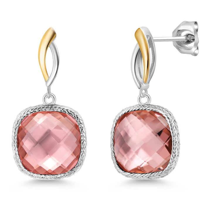 925 Sterling Silver Peach Nano Morganite Earrings for Women | 15.04 Cttw | Gemstone October Birthstone | Cushion 12MM