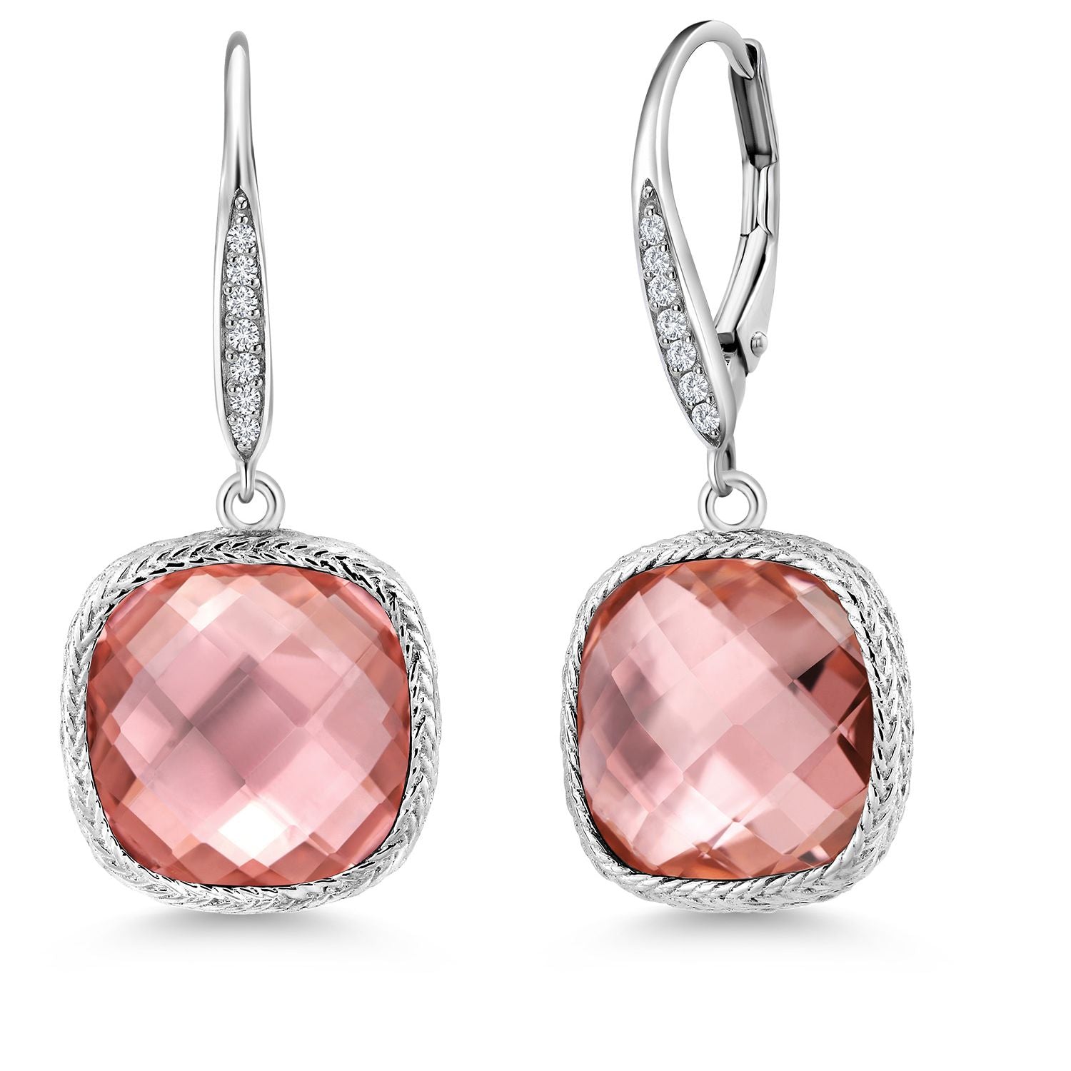 925 Sterling Silver Peach Nano Morganite and White Lab Grown Diamond Earrings for Women | 15.14 Cttw | Gemstone October Birthstone | Cushion 12MM