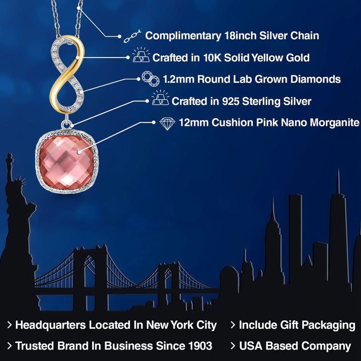 925 Sterling Silver Peach Nano Morganite and White Lab Grown Diamond Pendant Necklace for Women | 7.60 Cttw | Gemstone October Birthstone | Cushion 12MM | With 18 Inch Chain