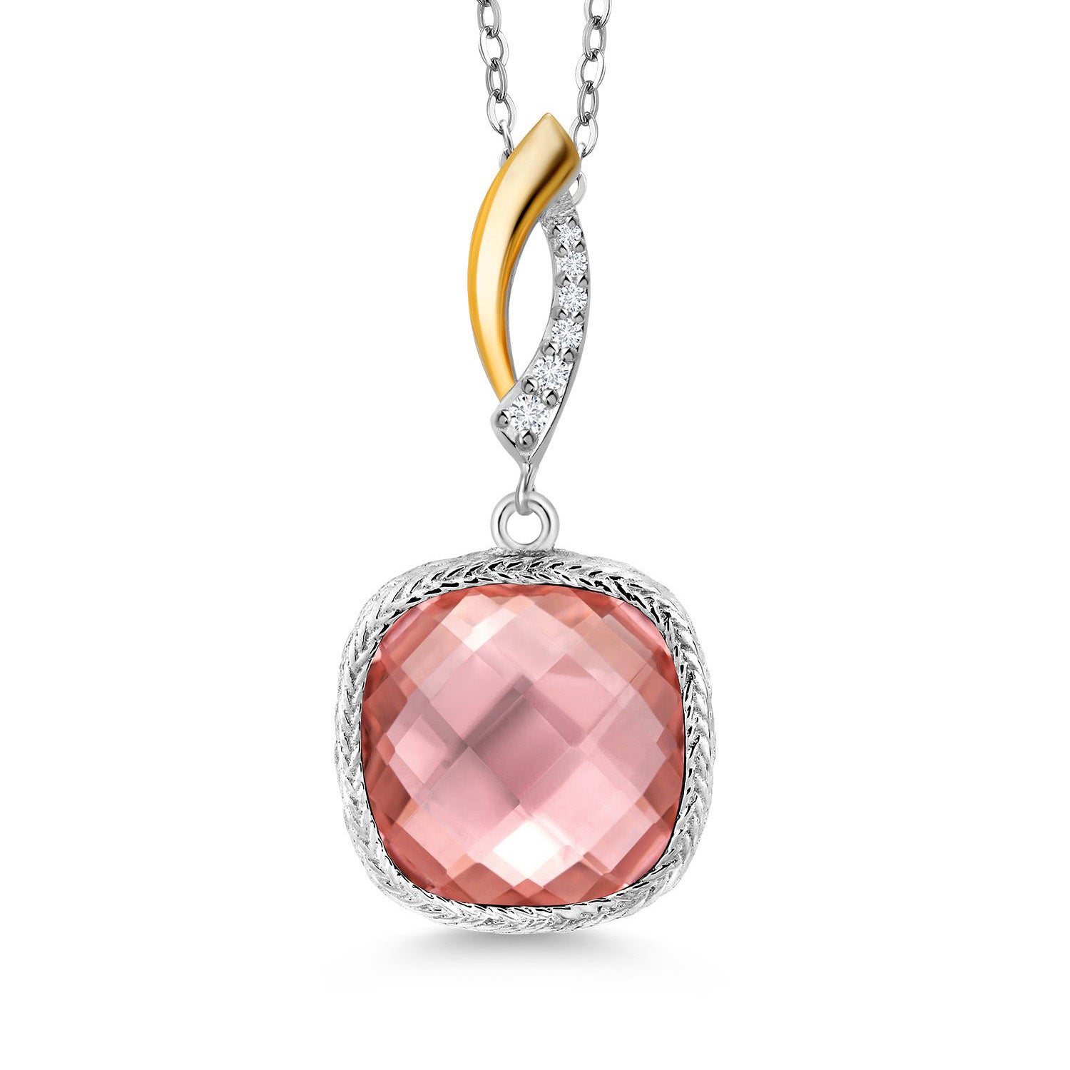 925 Sterling Silver Peach Nano Morganite and White Lab Grown Diamond Pendant Necklace for Women | 7.57 Cttw | Gemstone October Birthstone | Cushion 12MM | With 18 Inch Chain